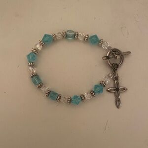 Light Blue and Clear Beaded Bracelet with Cross Charm - Handcrafted